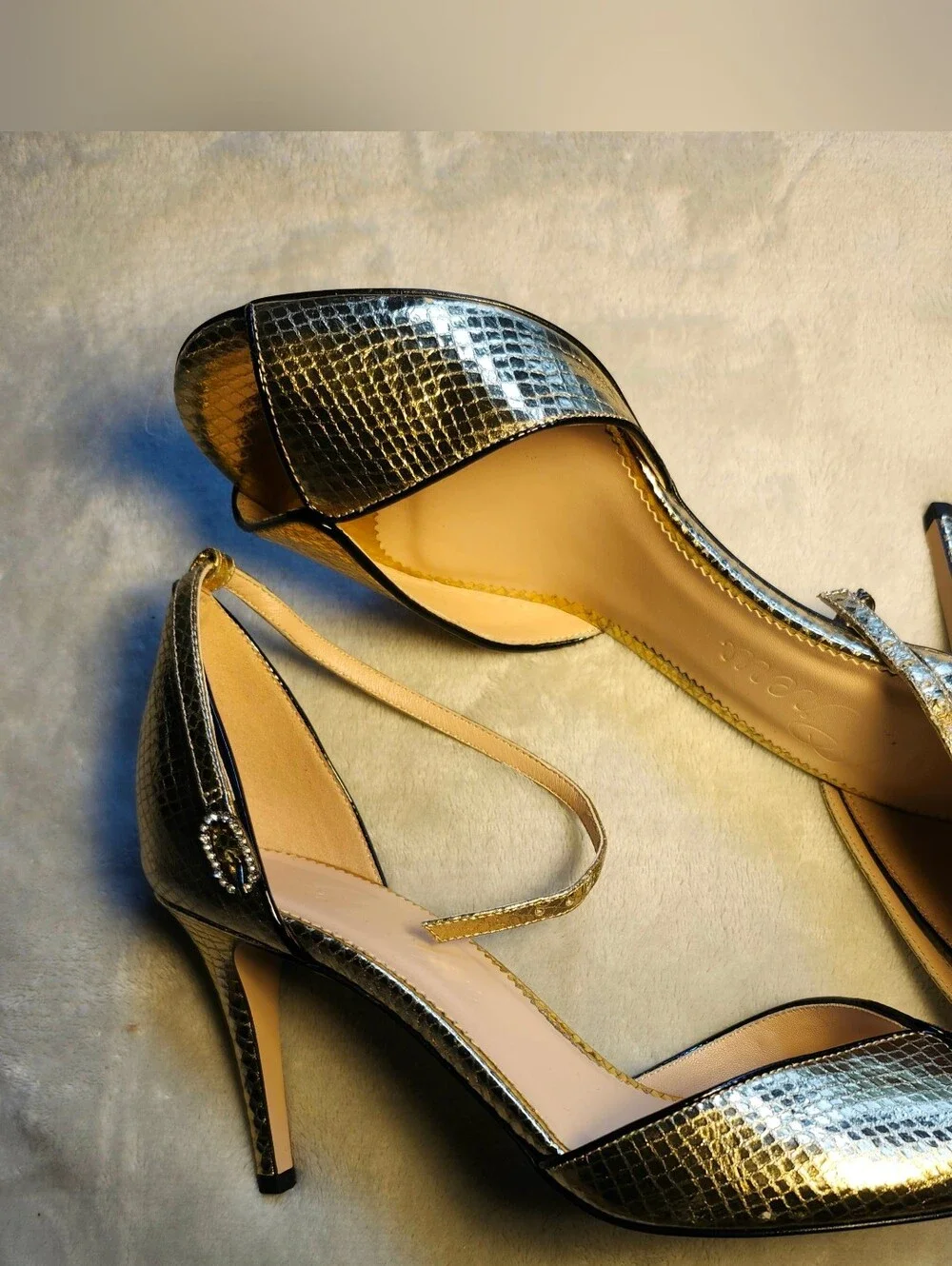 Rylie Peep Toe Heel In Snakeskin Gold